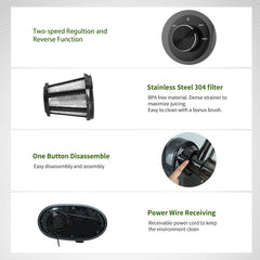 Juicer, Jocuu Slow Masticating Juicer Machines Easy to Clean, Soft/Hard Two Speed Quiet Motor Reverse Function Anti-clogging, Cold Press Juice Extractor with Brush & Recipes