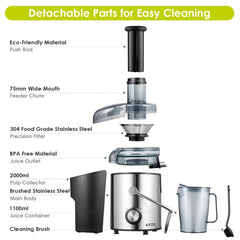 Juicer Aicok Juicer Machines Ultra 1000W Power, 75MM Wide Mouth Juice Extractor Centrifugal Juicer Easy to Clean, 2 Speed Fruit Juicer for Whole Fruit and Vegetables, Non-Slip Feet, Stainless Steel